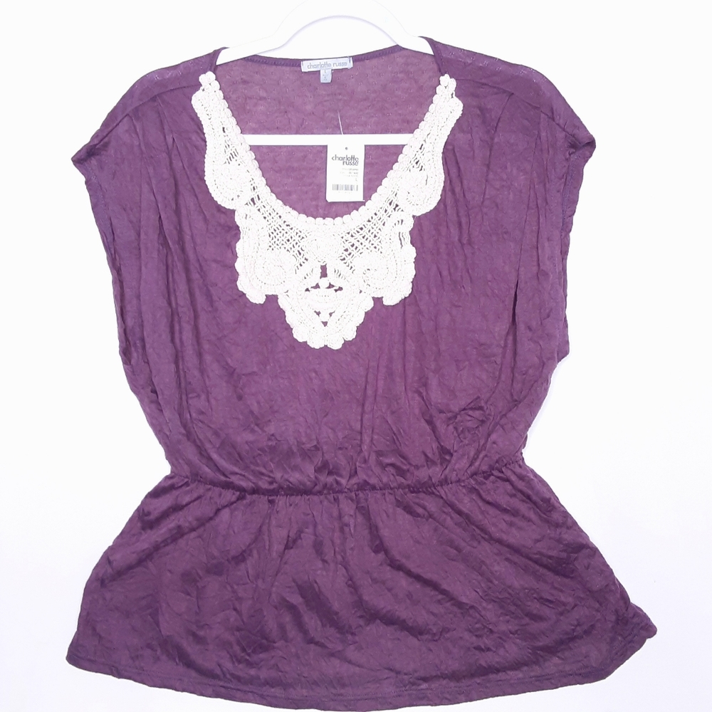 💎Charlotte Russe Plum Purple Crinkle Embroidered Front Blouse Size Large
